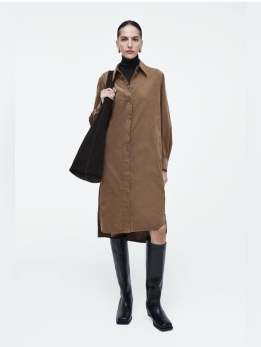 COS CORDUROY MIDI SHIRT DRESS Brown Cotton Transitional Dress Fall Long Sleeves